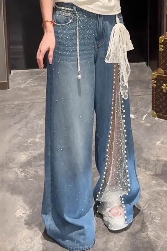 Lace Mesh Patchwork Baggy Jeans