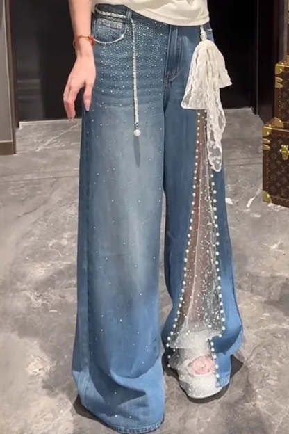 Lace Mesh Patchwork Baggy Jeans