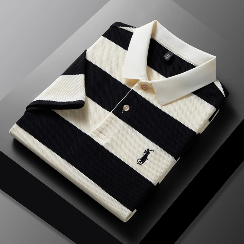 Men’s High-End Striped Polo – Summer Casual Embroidered Tee