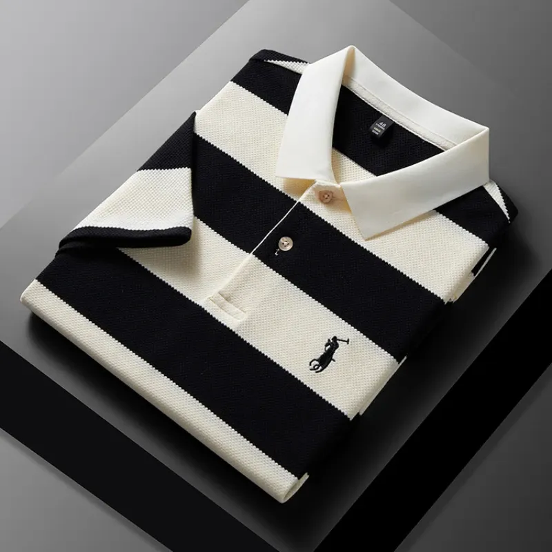 Men’s High-End Striped Polo – Summer Casual Embroidered Tee