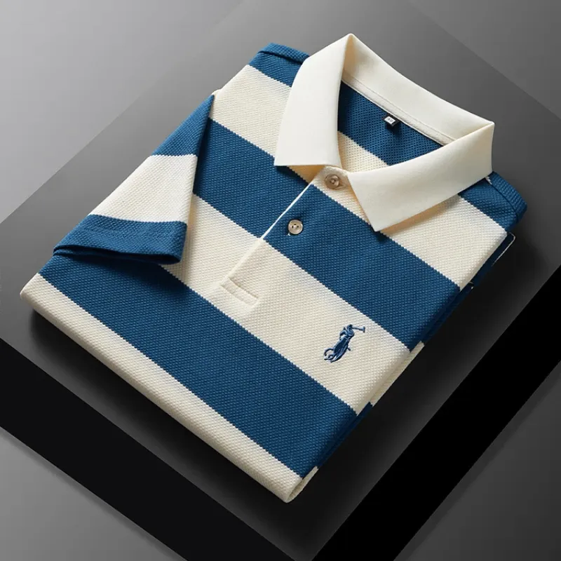 Men’s High-End Striped Polo – Summer Casual Embroidered Tee