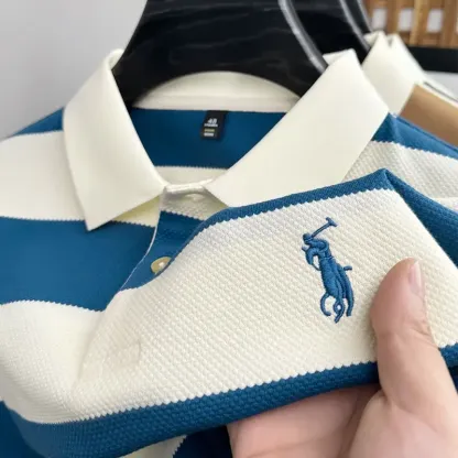 Men’s High-End Striped Polo – Summer Casual Embroidered Tee