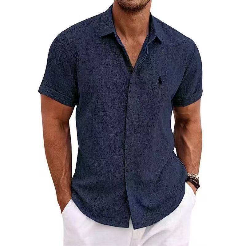 2025 Cross-Border New Hot Loose Sweatshirt Solid Color Short-Sleeved Cotton Linen Shirt Men'S Beach Large Size Men'S Short-Sleeved Shirt