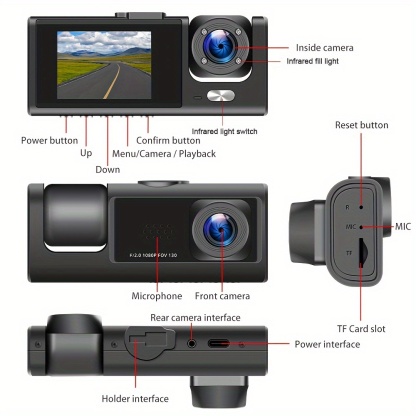 1080P 2 Cameras Dash Cam W/ IR Night Vision, Loop Recording & 2" IPS Screen