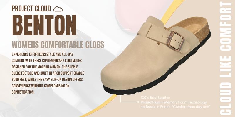 PROJECT CLOUD "Benton" Women's Footbed Clogs Genuine Full-Grain Leather Memory Foam Water Resistant Clogs Non-Slip Rubber Sole Lightweight Comfort Woman Shoes