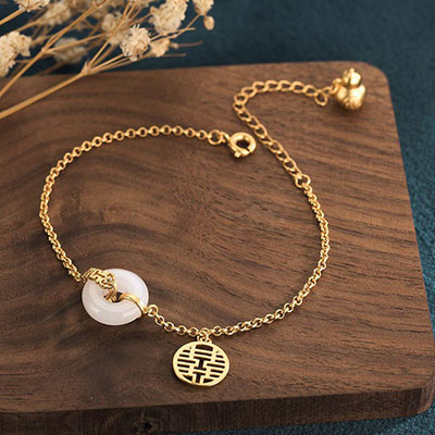 Buddha Stones White Jade Double Happiness Fortune Earrings Earrings BS 1