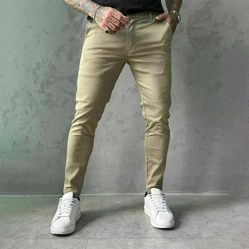 Men's slim-fit casual trousers in a solid color.