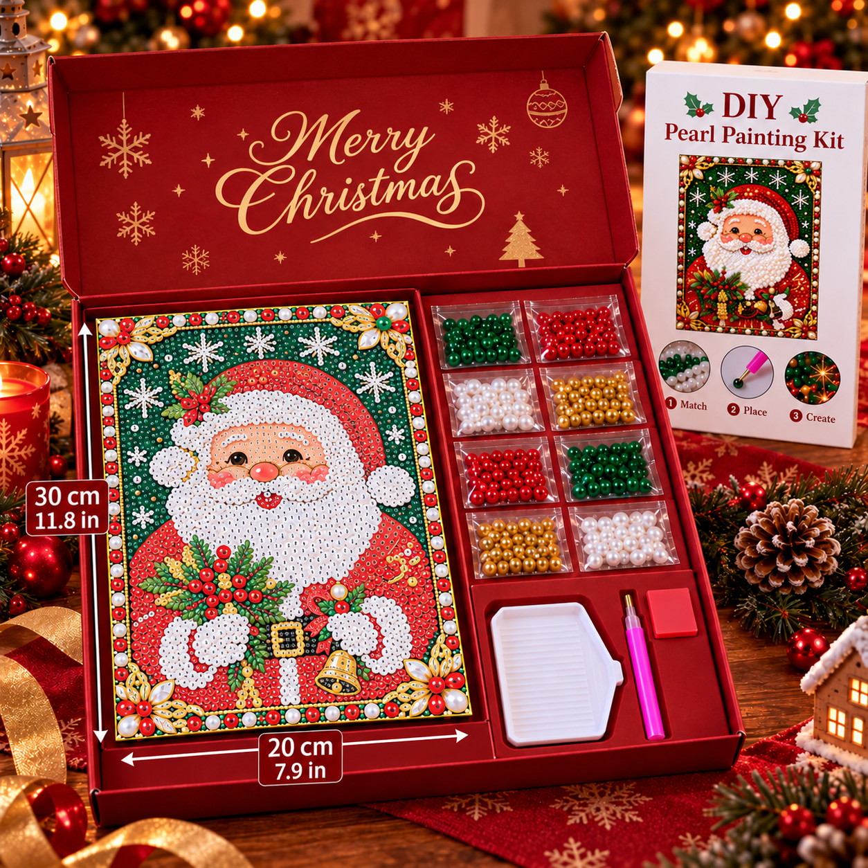 Christmas pearl art kit containing printed artwork, colorful pearl beads, applicator pen, sorting tray and wax