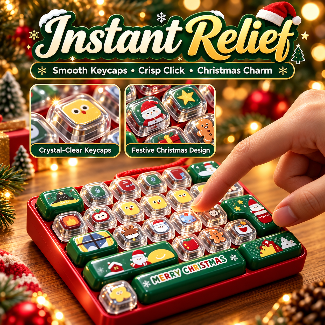 Close-up of Christmas keyboard fidget keys and festive illustrations
