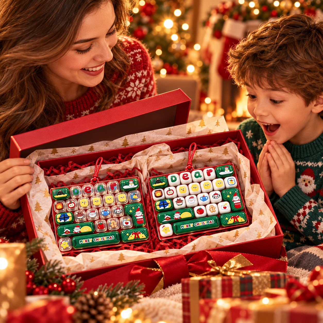 Christmas gift and mini clicky keyboard fidget in festive home setting