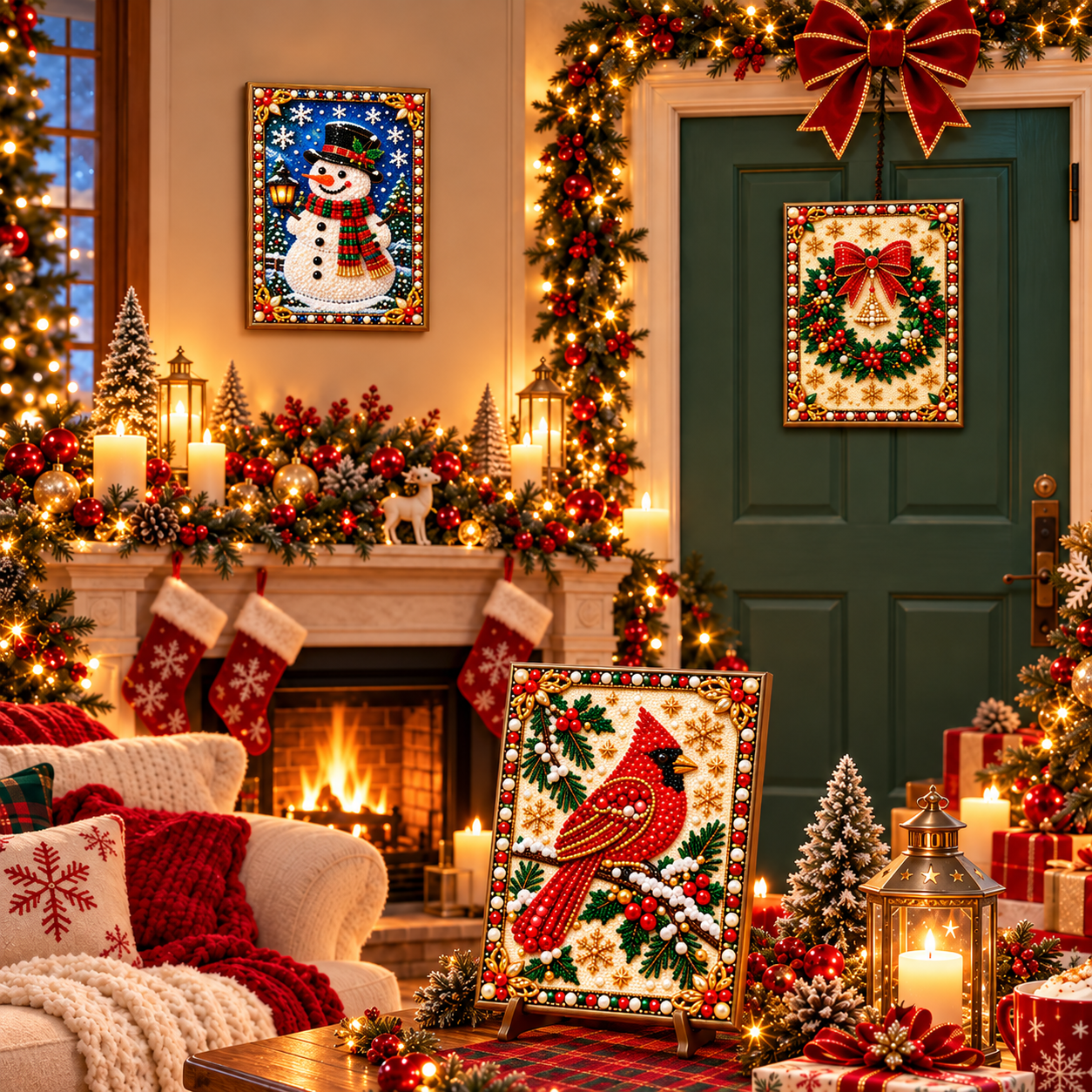 Completed Christmas pearl art displayed in warm and elegant holiday home settings