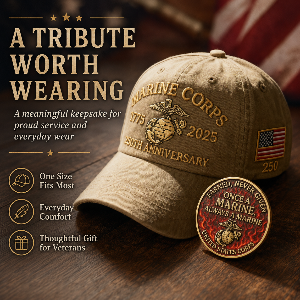 🧢250th USMC Retro Embroidered Cover🎁 Free Honor Coin With Every Cap Purchase