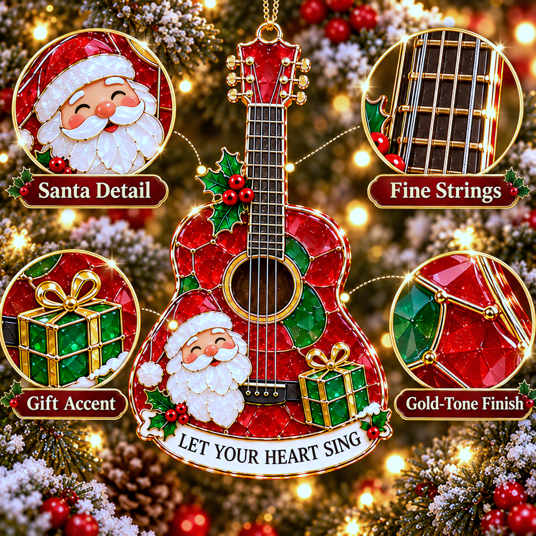 Close-up of golden trim and translucent stained-glass-inspired musical Christmas ornament details