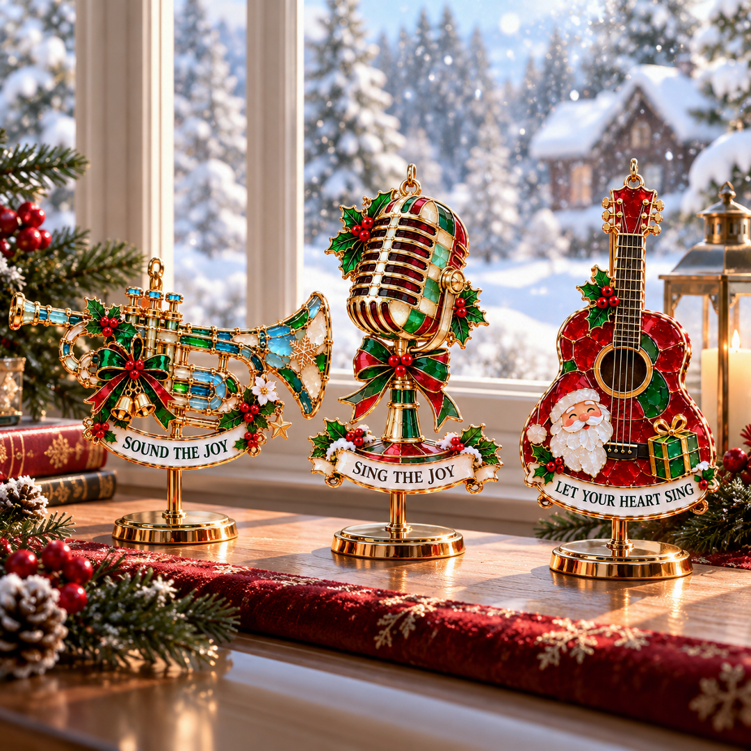 Musical Christmas ornament hanging by a cozy holiday window