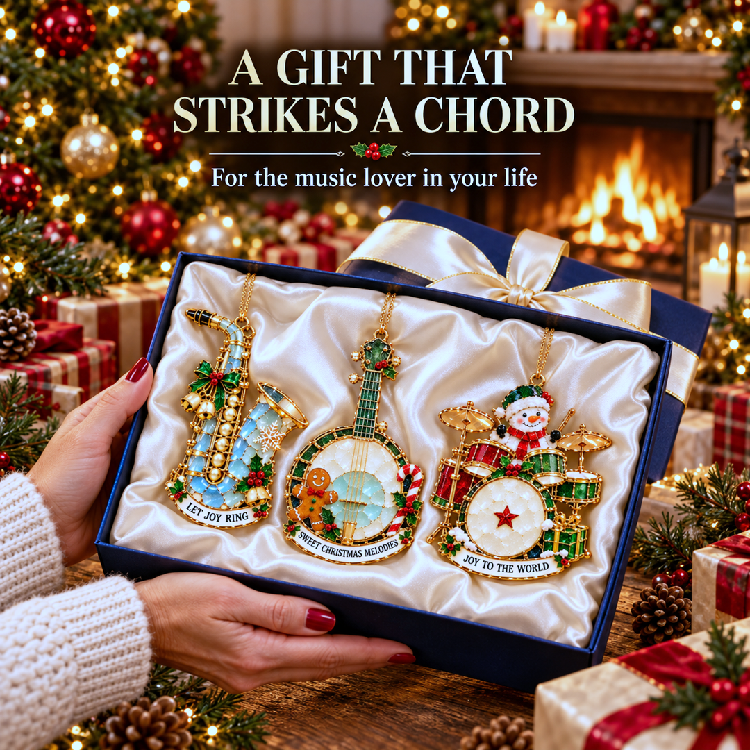 Musical ornament presented with Christmas wrapping and ribbons