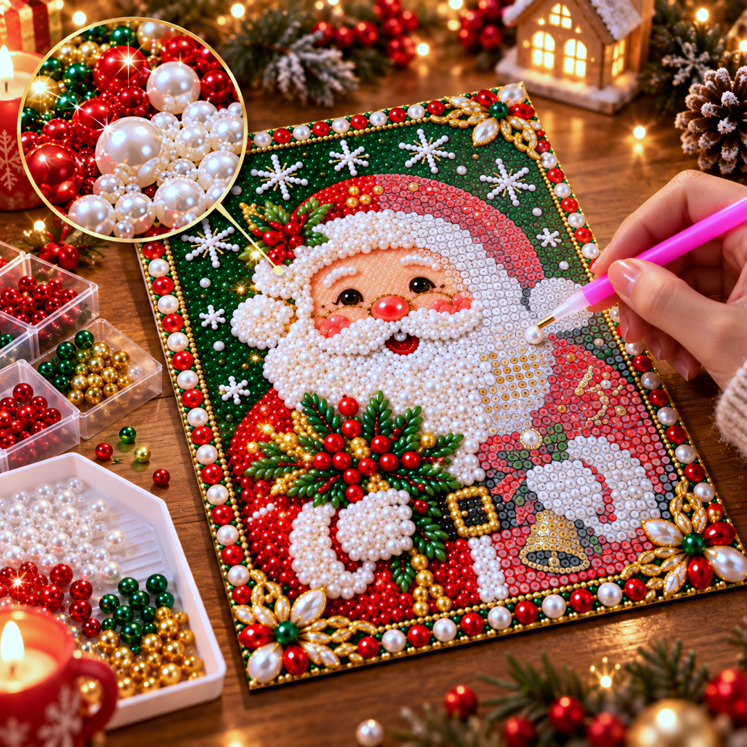 Close-up of raised glossy pearl beads creating sparkling Christmas artwork