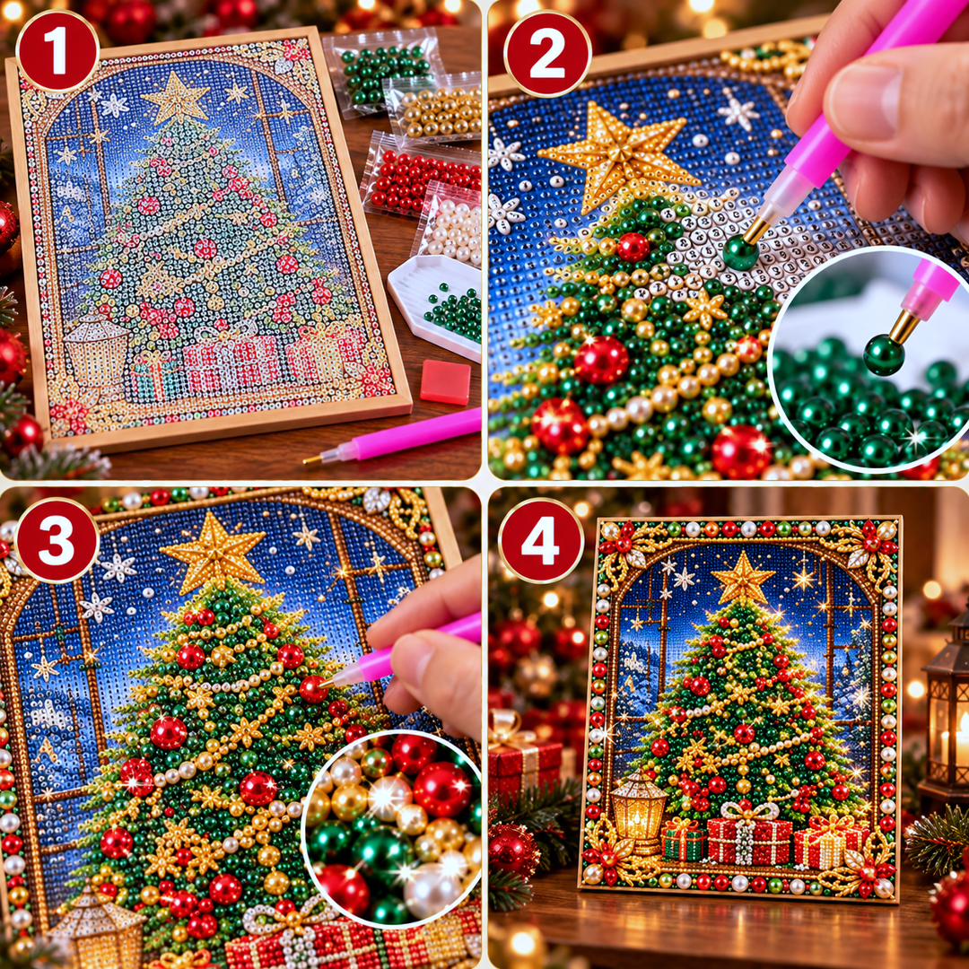 Hands using a pearl applicator pen to decorate a Christmas pearl art design