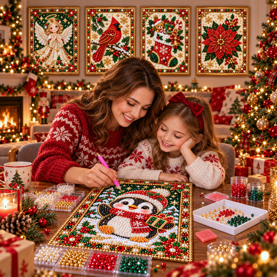 Mother and daughter making festive Christmas pearl art together in a cozy living room