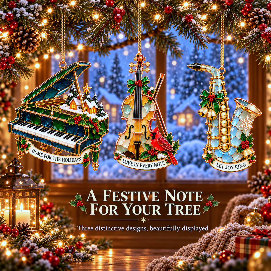 Multiple musical instrument ornaments hanging on a glowing Christmas tree