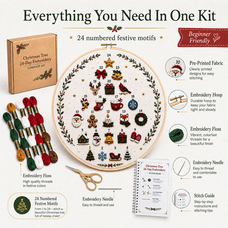 Materials included with the Christmas Tree 24-Day Embroidery Kit