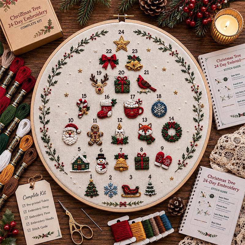 Christmas Tree 24-Day Embroidery Kit finished design with 24 festive motifs