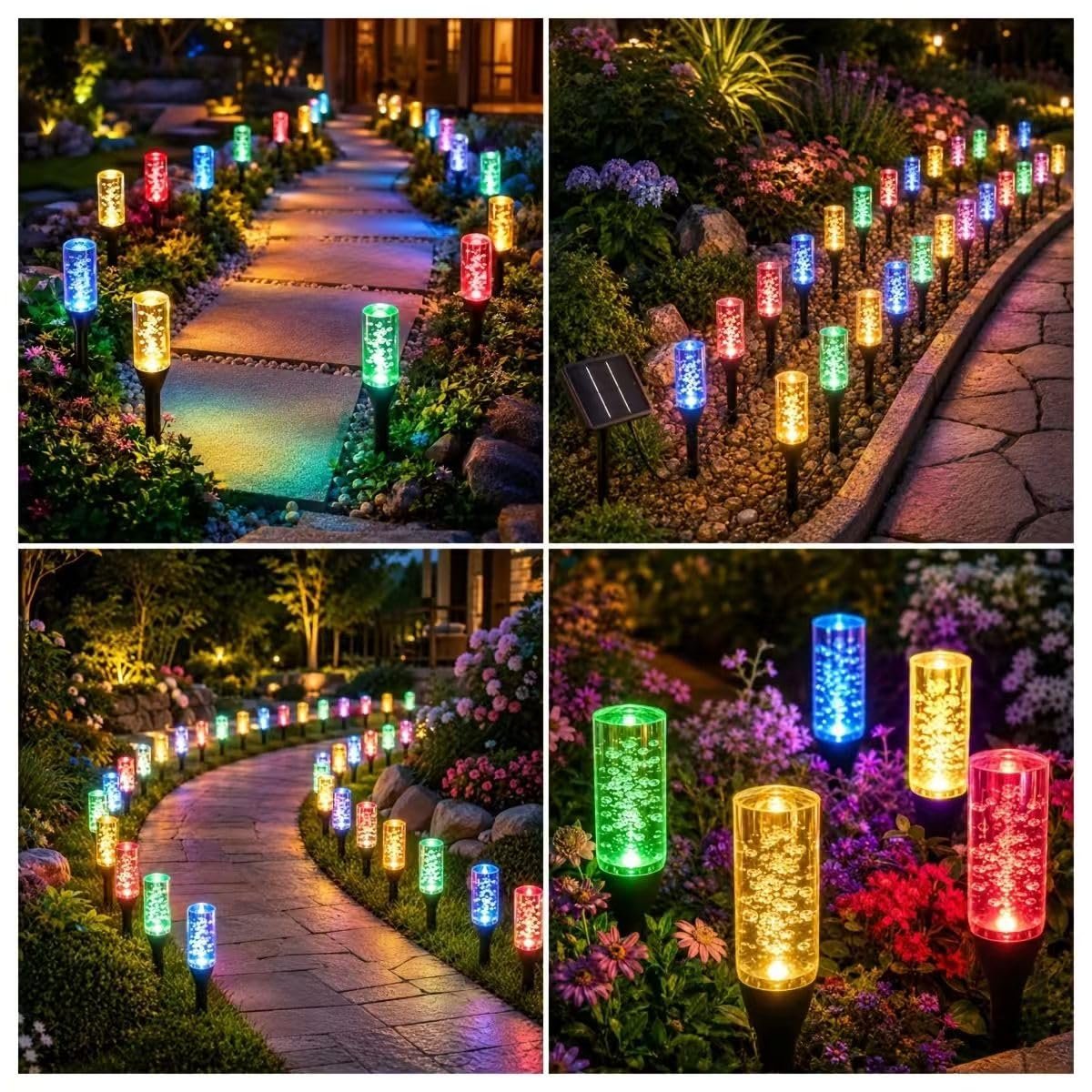 Solar Lights Near Garden Path And Fire Pit