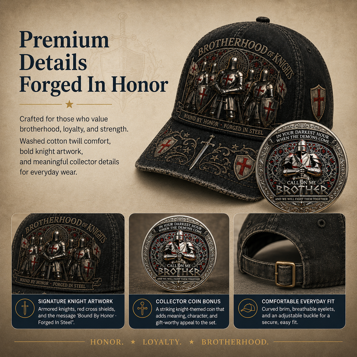 🔥Limited time 70% OFF - ⚔️ Brotherhood Of Knights Honor Cap 🎁 Free Honor Coin With Every Cap Purchase