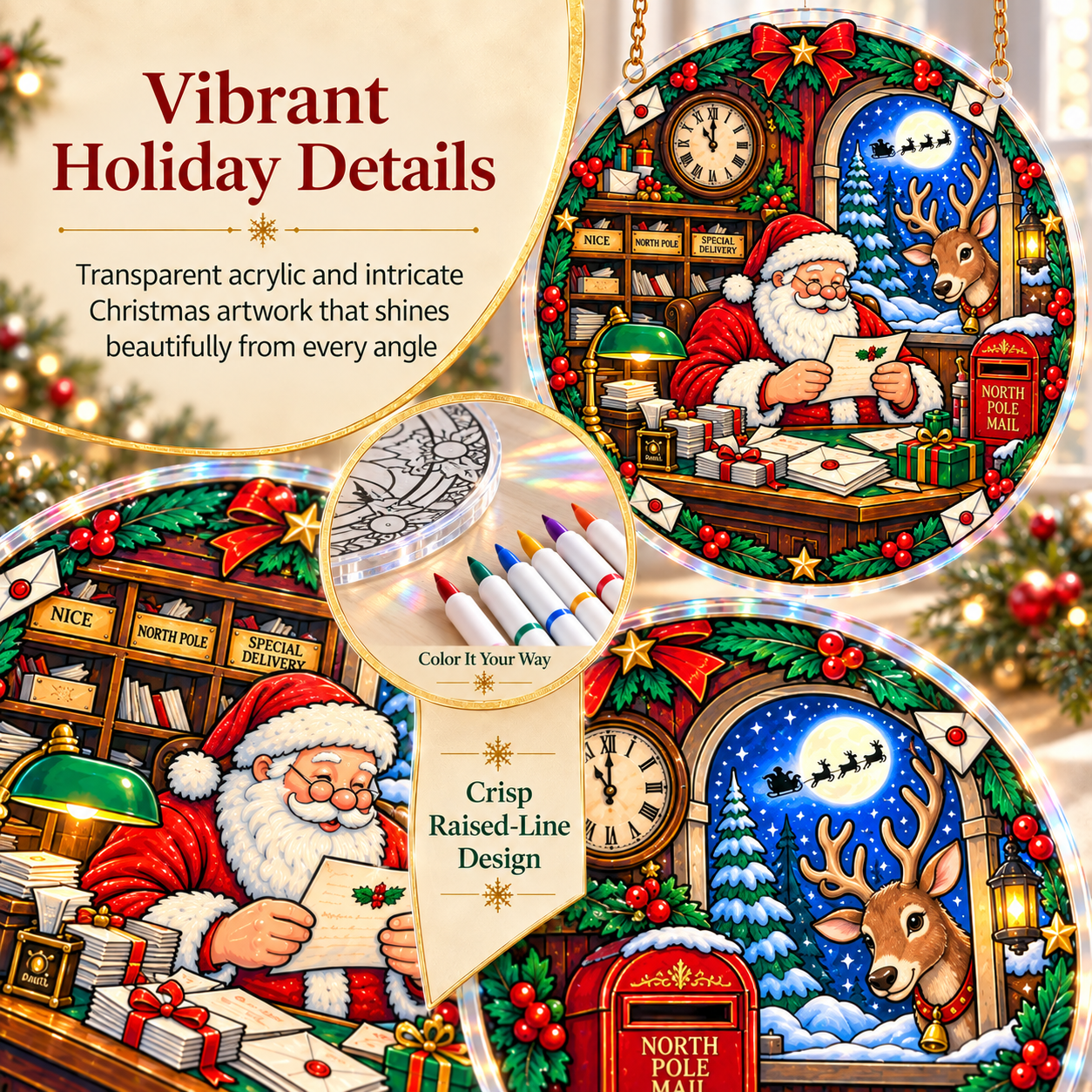 Christmas acrylic ornament shimmers in light