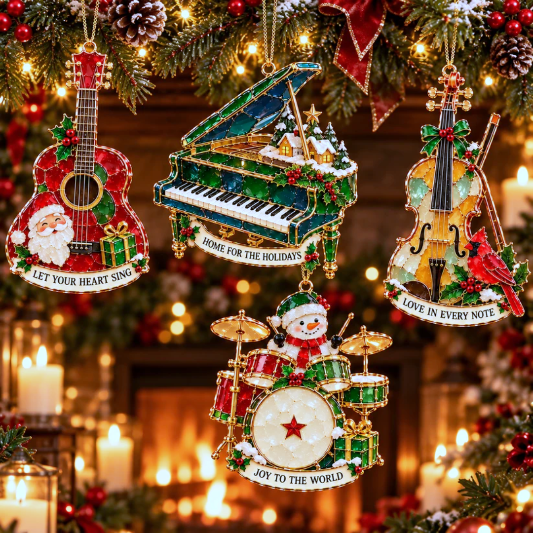 Musical Christmas ornaments hanging on a Christmas tree
