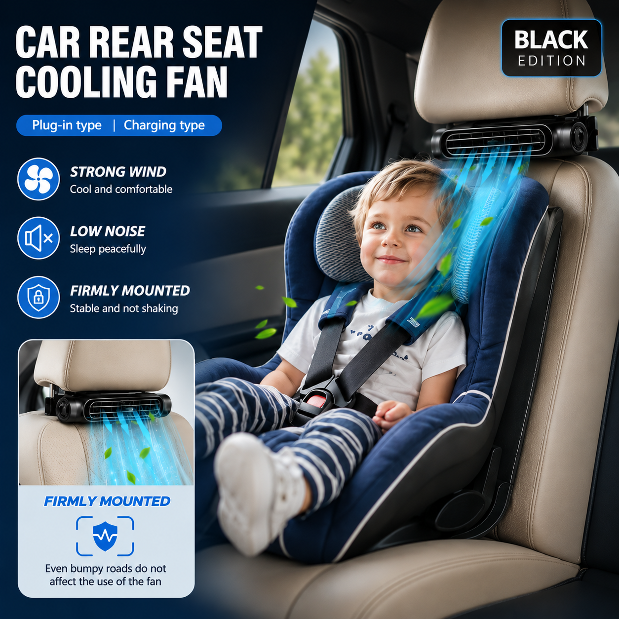 USB Car Headrest Cooling Fan with 3 Speeds