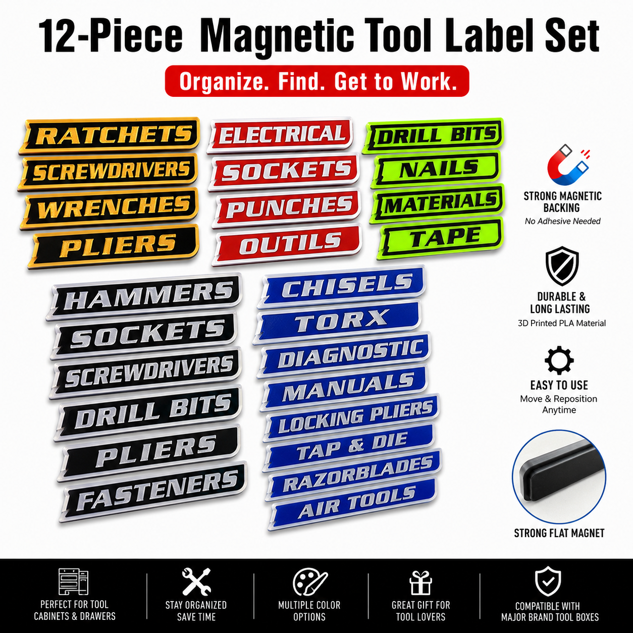 🏆Limited Time Sale 70% OFF -🧲Custom Magnetic Toolbox Labels 🔧12-Pack 3D Printed Organizer Set