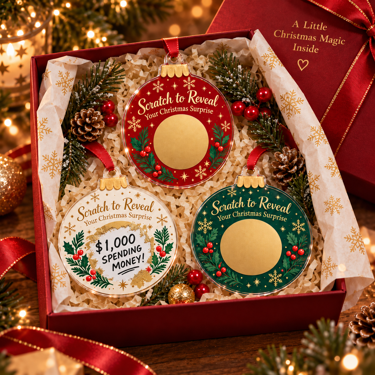 Red green and cream Christmas Scratch Surprise Ornaments
