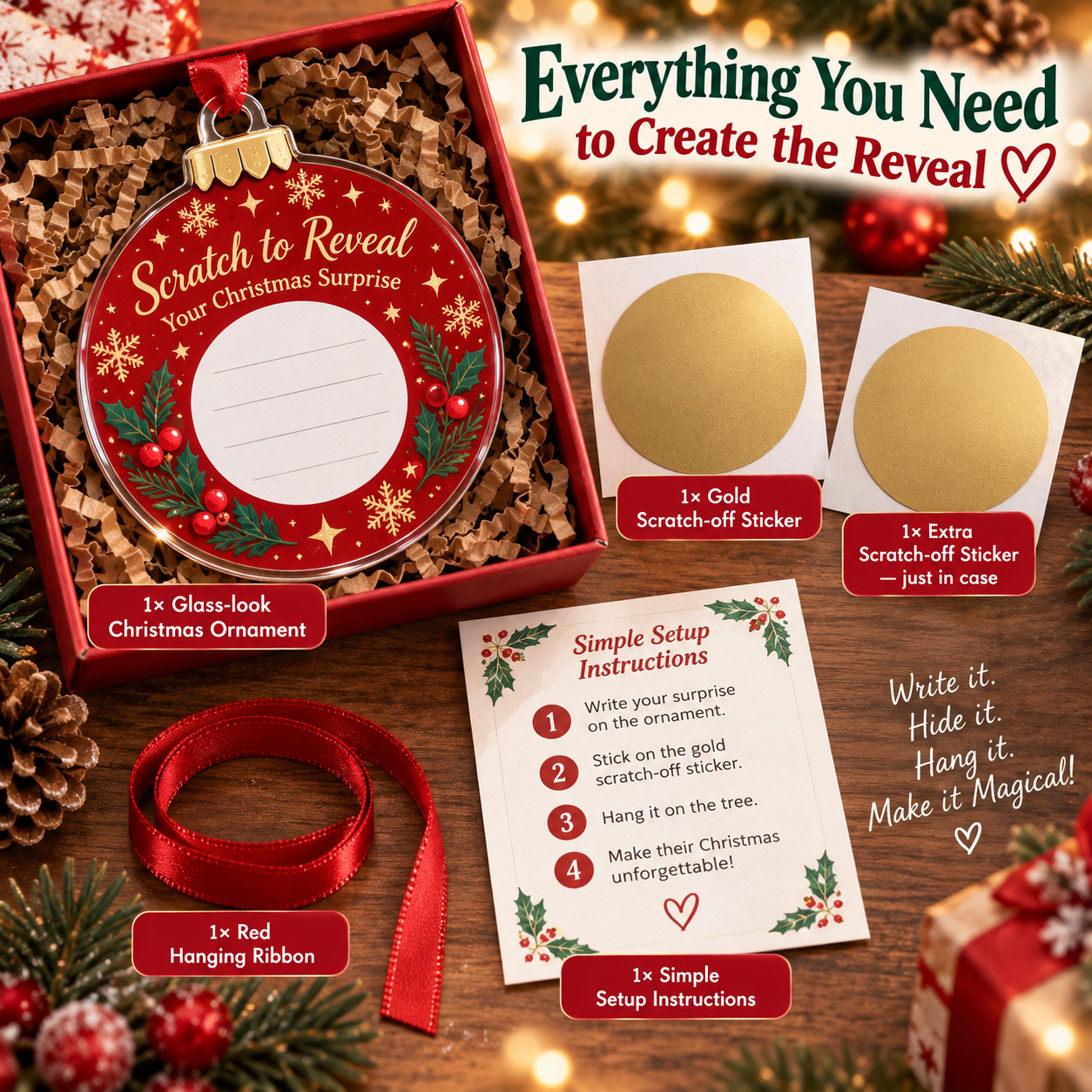 Scratch Surprise Ornament kit contents