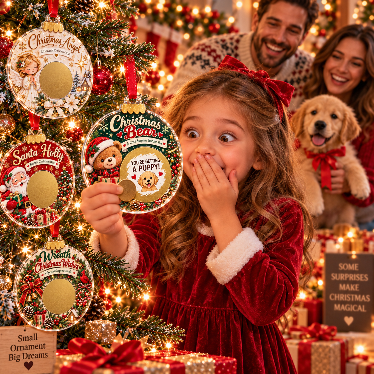 Child scratching Christmas ornament to reveal the surprise