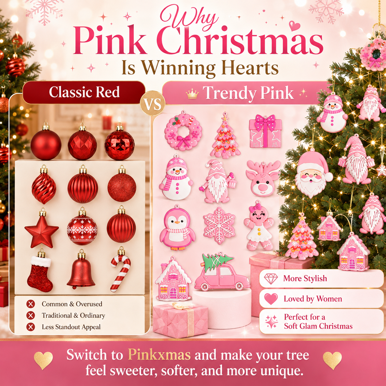 🎀 Pinkmas Christmas Ornament Set – 12PCS Pink Tree Decorations