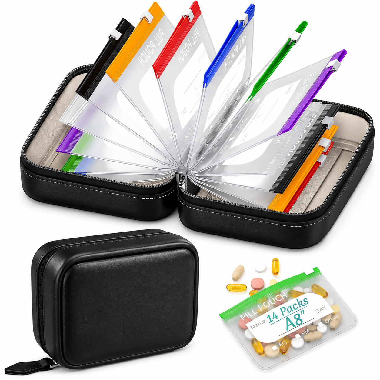 💊A8 Waterproof Pill Pouch Set – 7 to 14 Days of Meds & Vitamins💧Waterproof & Crush-Resistant Shell