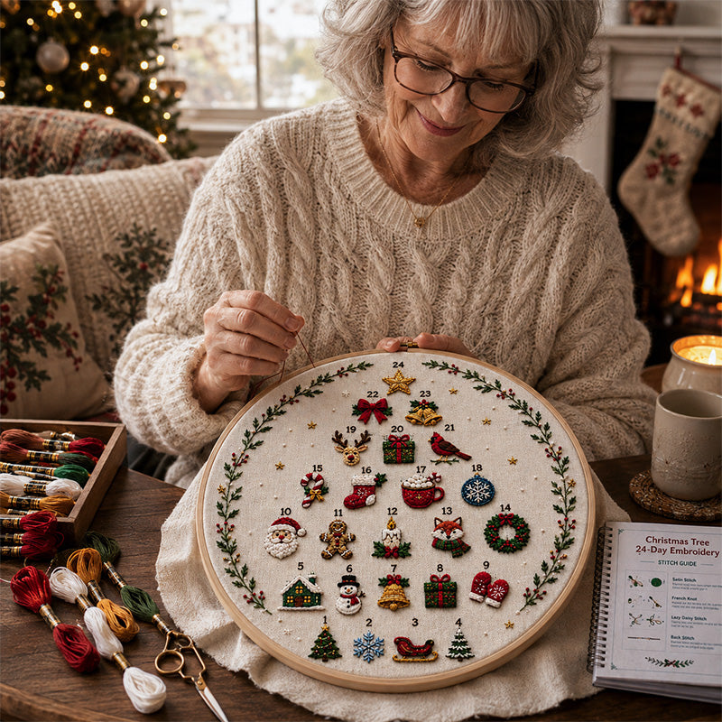 Woman enjoying the Christmas Tree 24-Day Embroidery Kit during a cozy holiday crafting moment