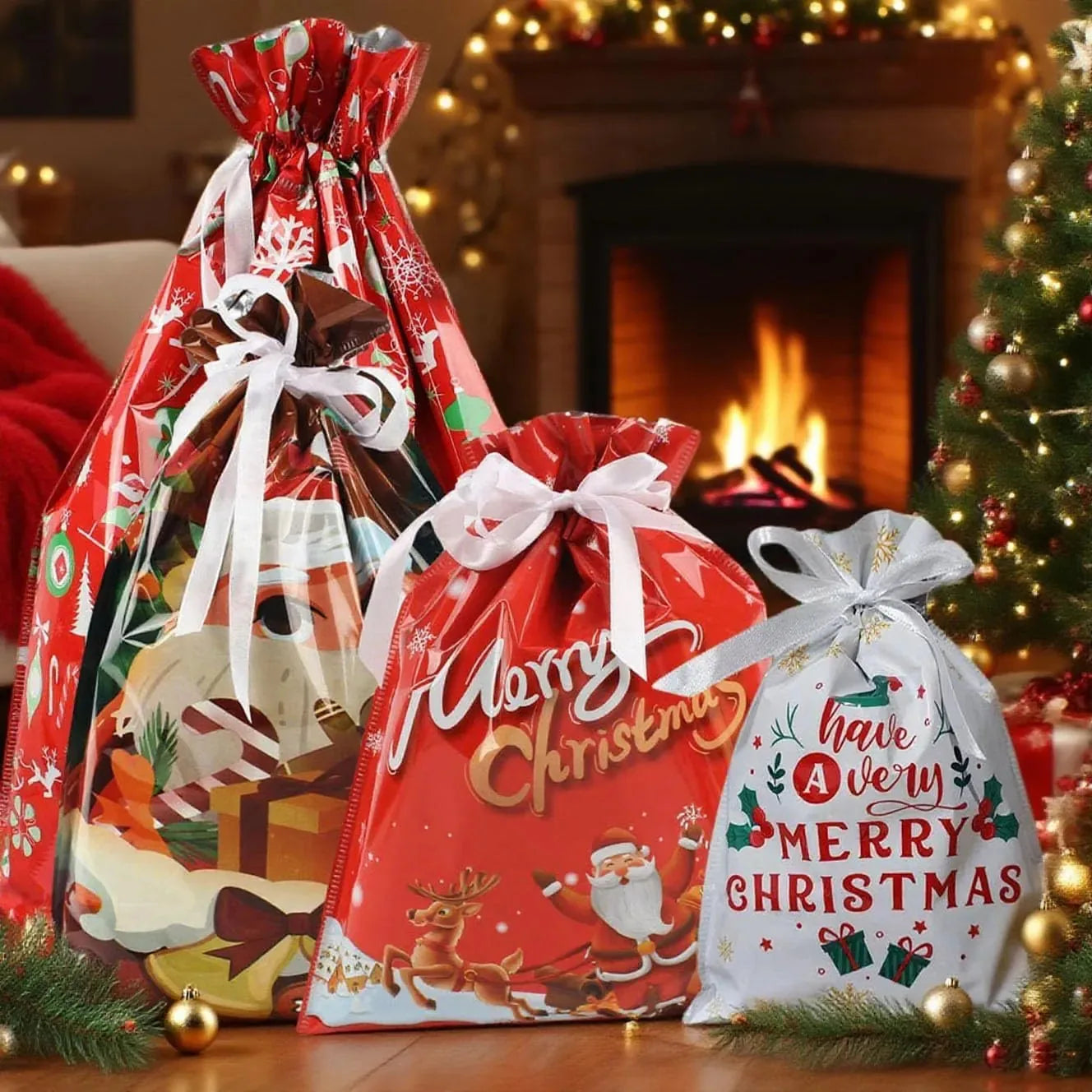 Christmas Drawstring Gift Bags – Set of 15