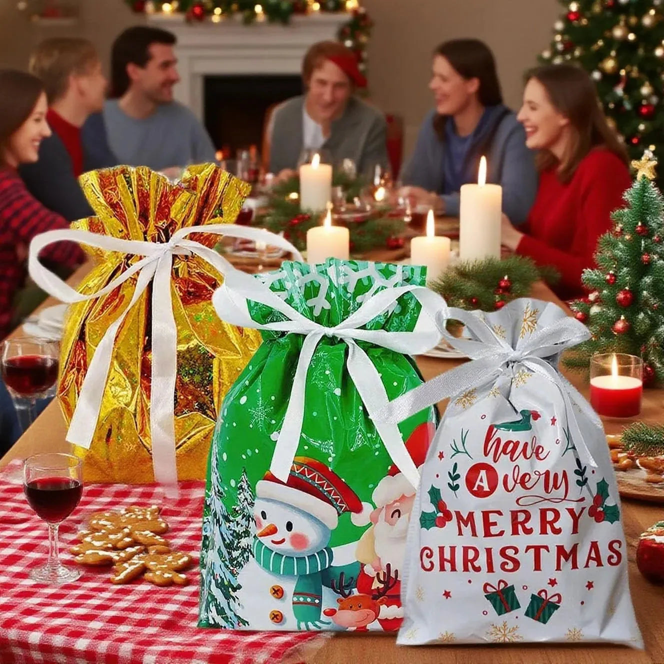 Christmas Drawstring Gift Bags – Set of 15