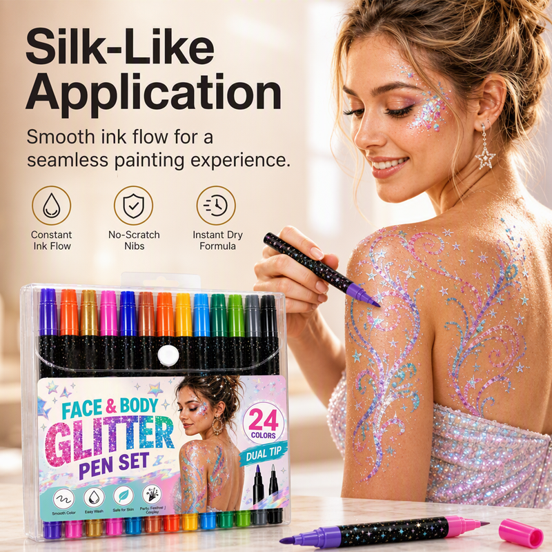 🔥Last 45pcs🎉-24-Color Face & Body Glitter Marker Set with Dual Tips