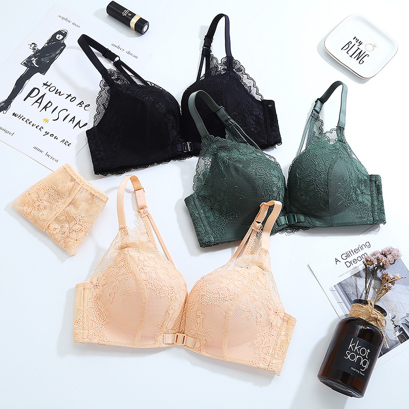 Front button beautiful back sexy lace underwear --- no steel ring small chest push-up adjustable bra