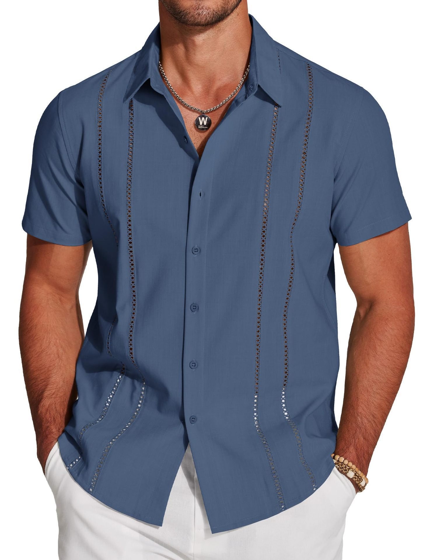 🔥Father's Day Deal -Men's Cuba Guayabera Exquisite Hollow Embroidered Button Front Shirt