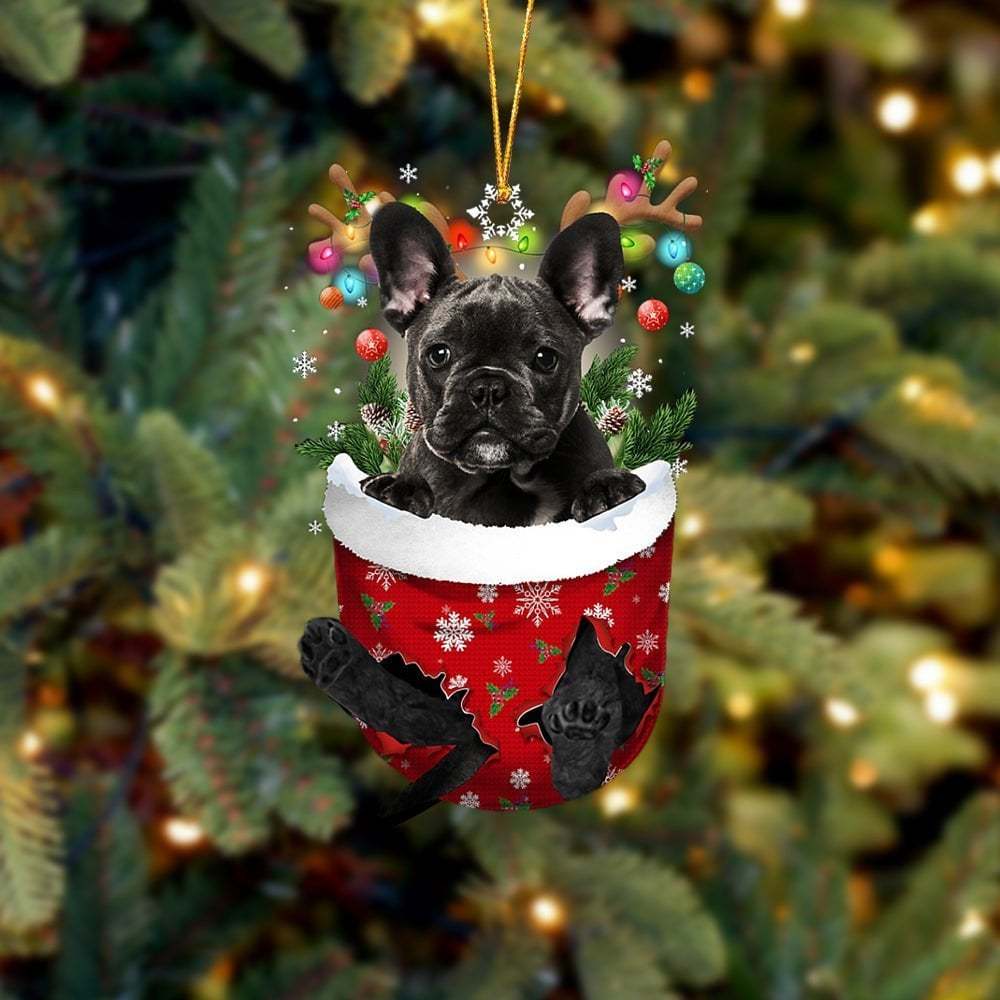 BLACK French Bulldog In Snow Pocket Ornament