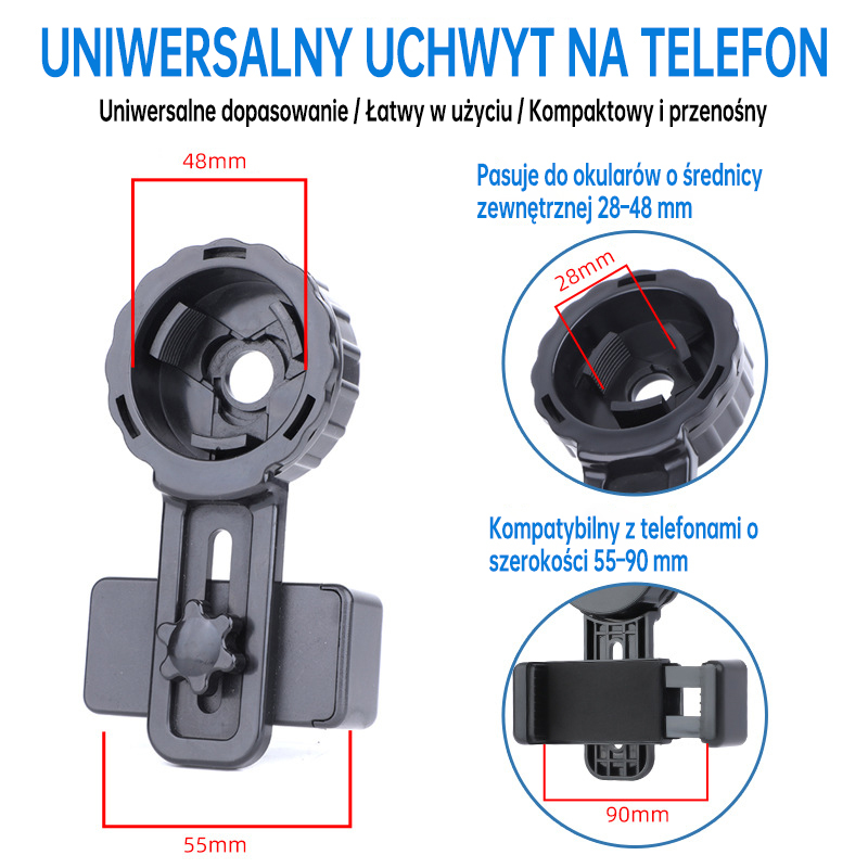 Uchwyt na telefon do fotografii (Uniwersalny, pasuje do średnicy zewnętrznej 28–48 mm)