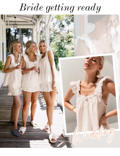 KFUBUO Womens Khaki Pajamas Set 2 Piece Ruffle Pj Soft Cami Top and Pants Sleepwear Set Bridal Pajama for Women Set