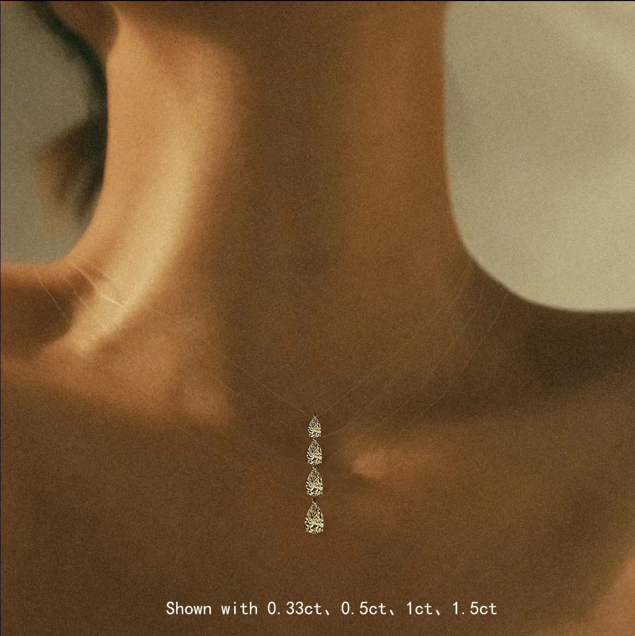 Invisible Chain Pear Cut Solitaire Diamond Pendant Necklace