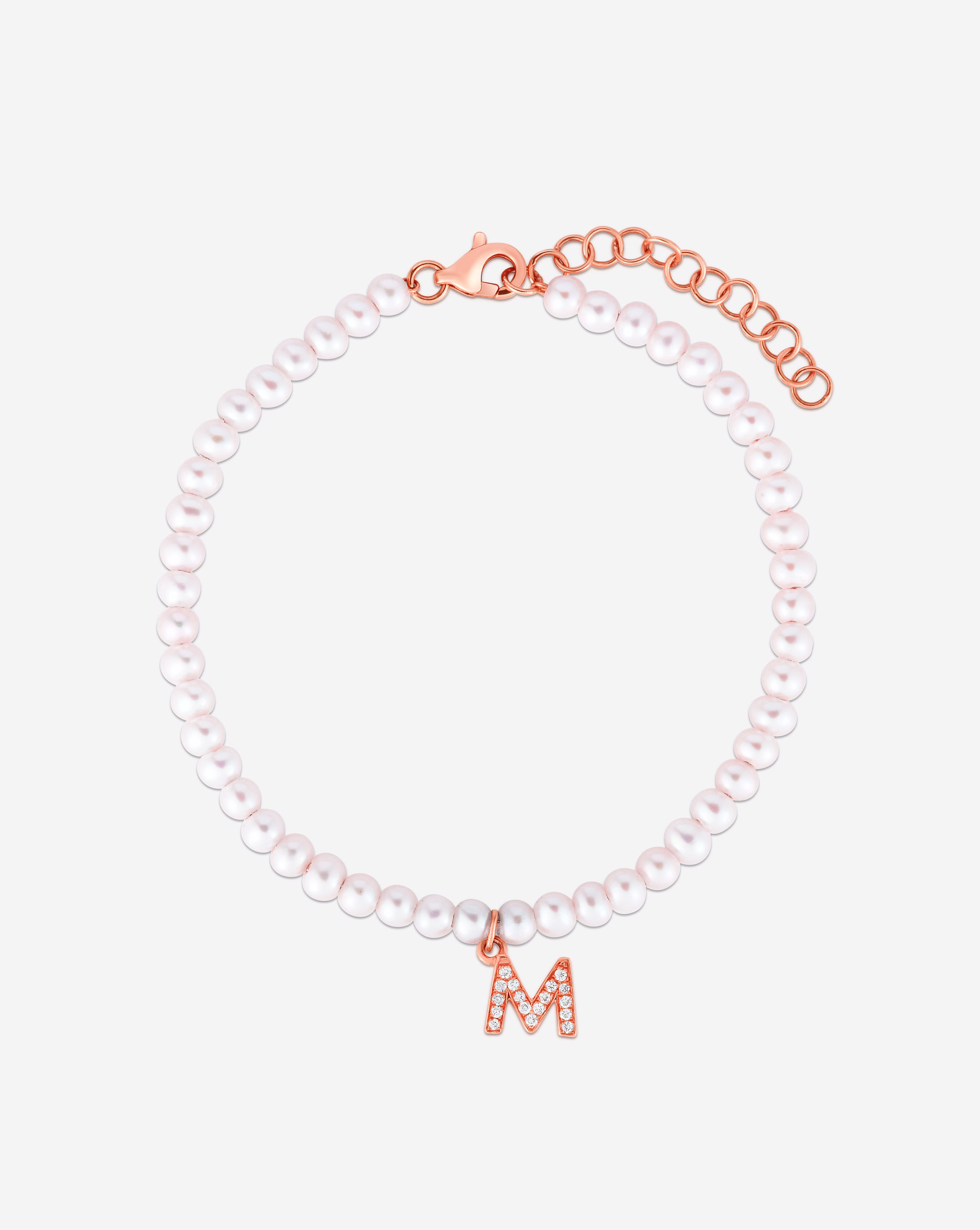 Diamond Pave Letter 3mm Pearl Initial Bracelet 