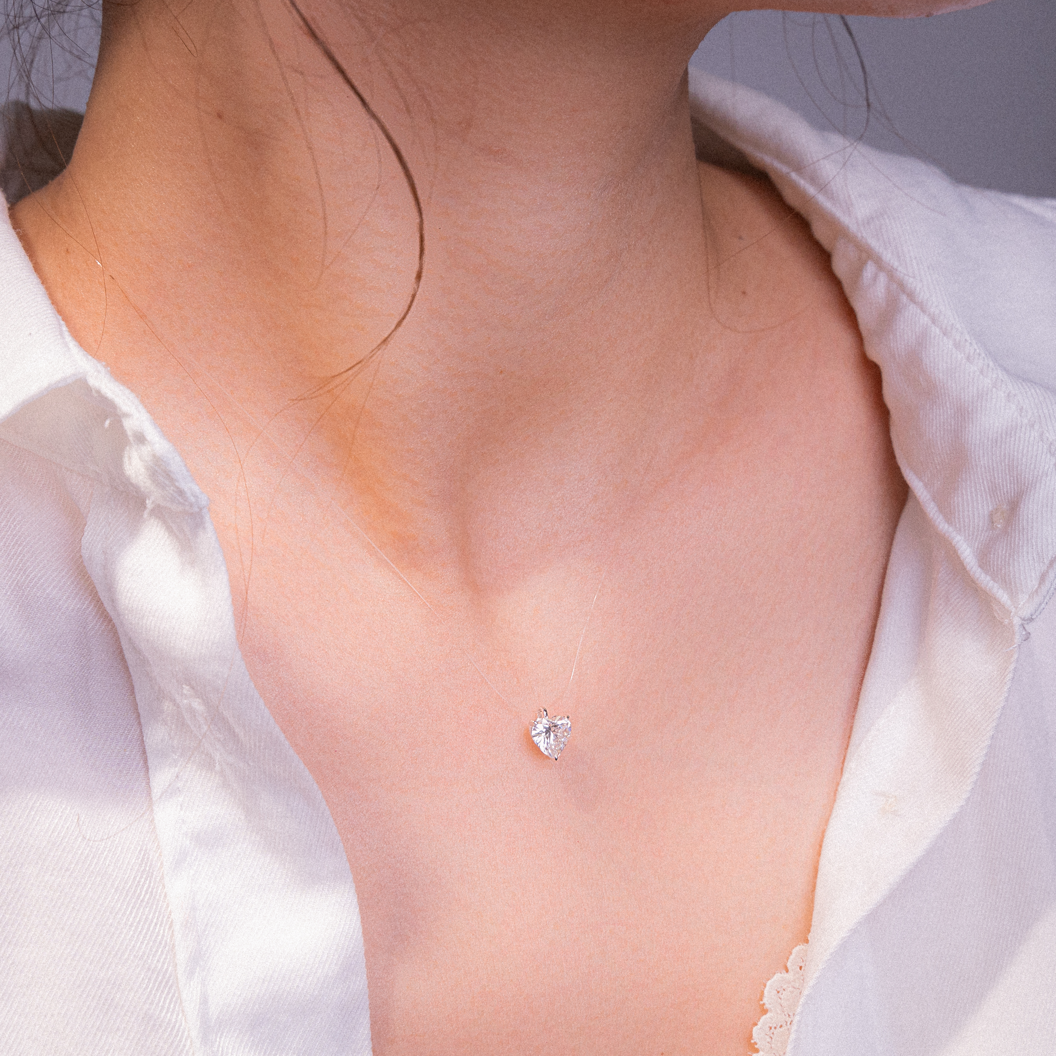 Invisible Chain Heart Cut Solitaire Diamond Pendant Necklace