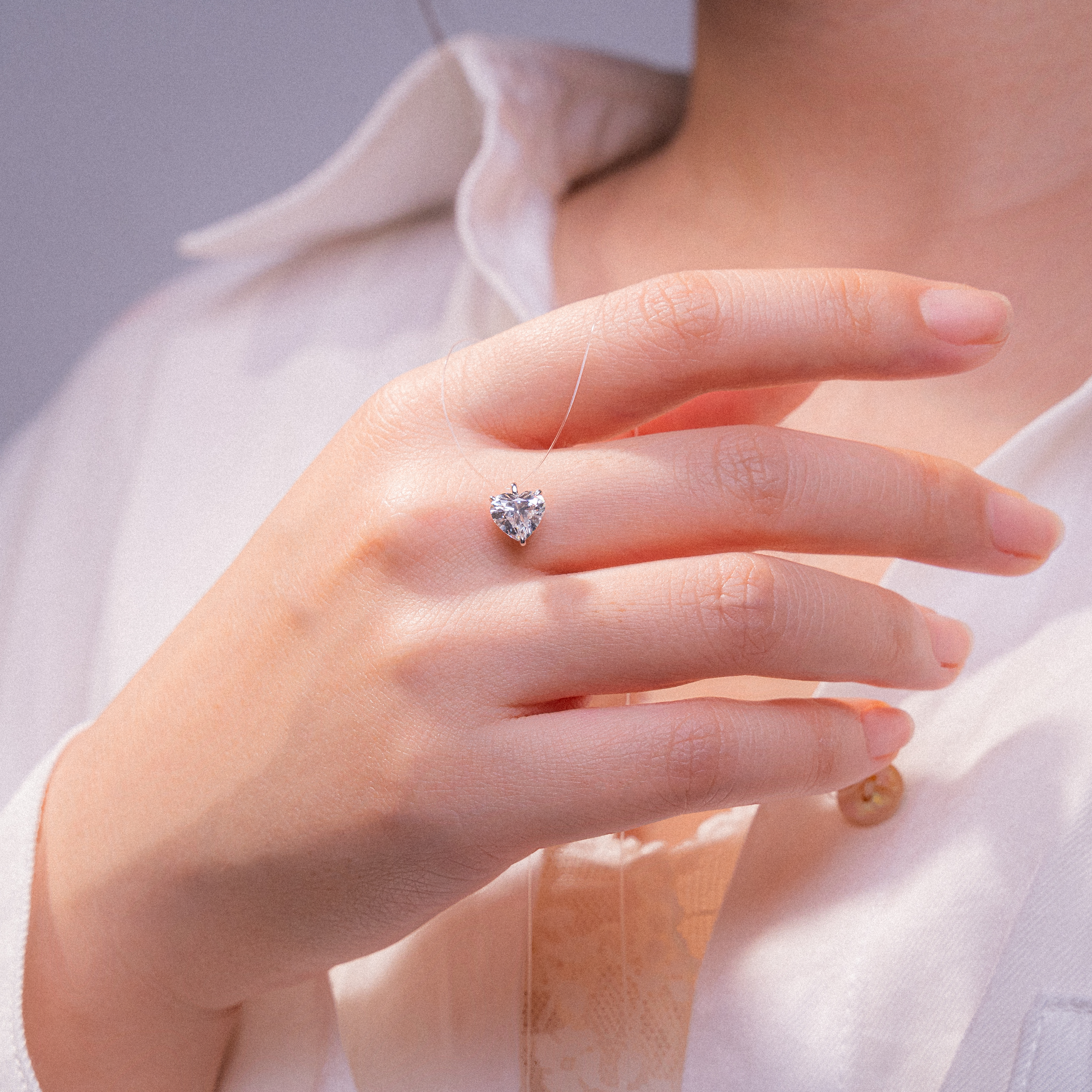 Invisible Chain Heart Cut Solitaire Diamond Pendant Necklace