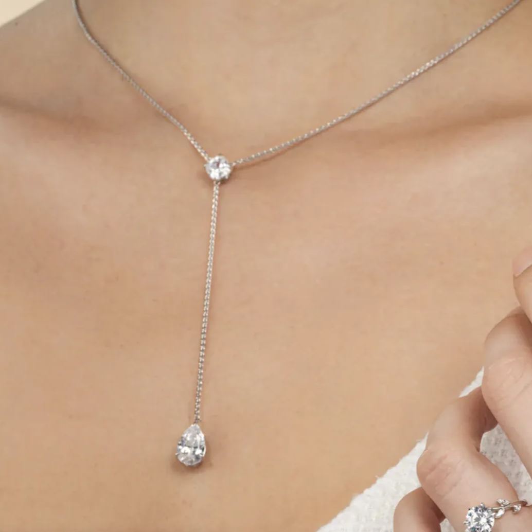 Oval and Teardrop Chain Lariat Diamond Necklace